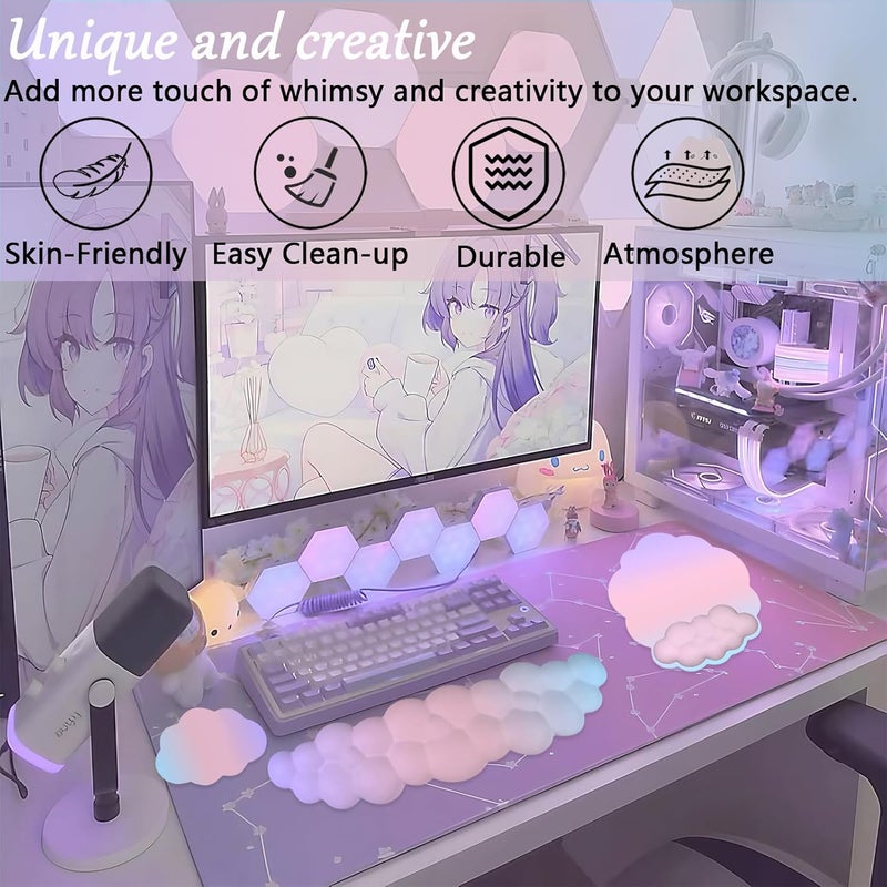 WFCYGL Cloud Keyboard Wrist Rest Mouse Pad with Wrist Rest for Computer Keyboard and Mouse Pad Set Memory Foam Cute Ergonomic Wrist Pad Support for Desk Gaming Home Office Pain Relief Pink Purple Blue - Image 3